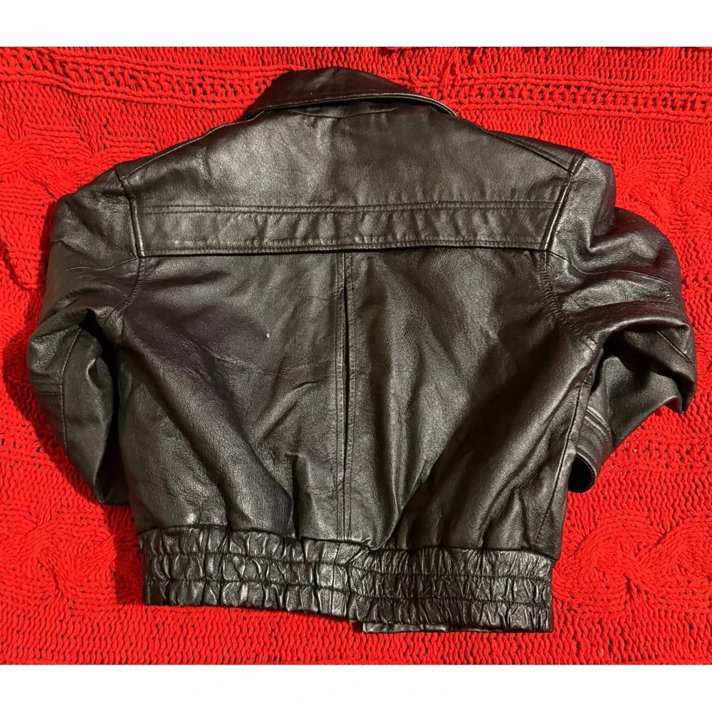 Phase 2 Kids Black Genuine Leather Bomber Jacket Vintage 1980's